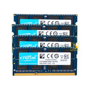 Crucial 4x 4GB 2RX8 PC3-10600S DDR3 1333Mhz Laptop Memory RAM SODIMM 204Pin @dd - Image 1 of 4
