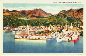Aloha Tower and Harbor Honolulu Hawaii Linen Postcard - Picture 1 of 2