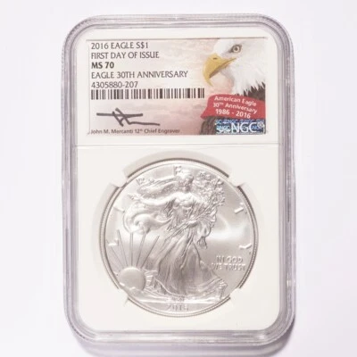 2016 Silver American Eagle Dollar NGC MS70 First Releases 30th Anniversary Me... - Image 1 of 2