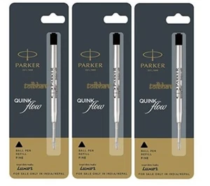 3 X Parker Quink Flow Ball Point Pen BP Refill Refills Fine Nib Black Ink New - Picture 1 of 4