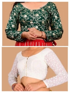 Paket grüner Banarsi Brokat mit weißem Chickenkari Kombi Sare Bluse, Sari Top - Bild 1 von 3
