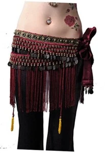 Women's Belly Dance Tribal Hip Scarf with Width-with-Coins-30.7inch Dark Red - Picture 1 of 7