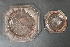Rosa Depression Anchor Hocking Prinzessin Muster Essteller & Sherbert Untertasse - Bild 1 von 8