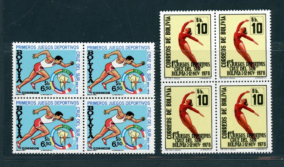 BOLIVIA 1979 SCOTT# 639-640 GYMNAST MNH SET OF BLOCKS OF 4 AS SHOWN - Image 1 of 1