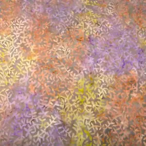 Batik, Leaf Shapes in Coral, Lavender & Pear Green on Brown, Cotton, 32"L x 44"W - Picture 1 of 4