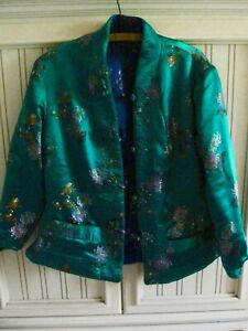 Vintage Chinese Quilted Jacket-Blazer/Reversible Emerald and Navy Blue Medium