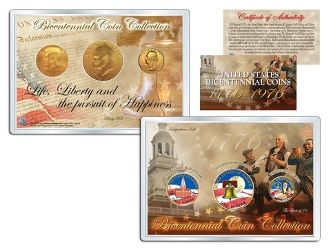1976 BICENTENNIAL COIN COLLECTION Colorized US 3-Coin Set 24K Plated QTR IKE JFK Cover