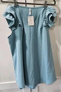 Blusa de mujer XL con volantes manga aleteada verde azulado claro cuello en V flujo de aire Zenana nueva - Imagen 1 de 9
