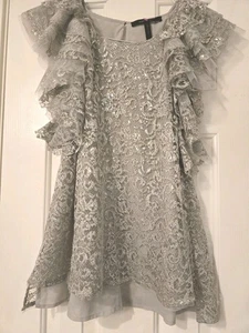 BCBG MAXAZRIA silbergrau stacey Spitze schimmerndes Top Bluse Rüschenärmel Gr. L - Bild 1 von 7
