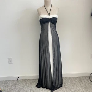 Vintage Y2K Kleid Damen 3 schwarz weiß Fee Whimsigoth Femme Maxi Neckholder - Bild 1 von 11