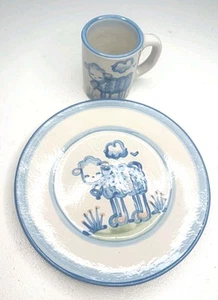 M A Hadley Sheep Lamb Small Plate With Mug Stoneware Hand Painted The End Signed - Picture 1 of 7