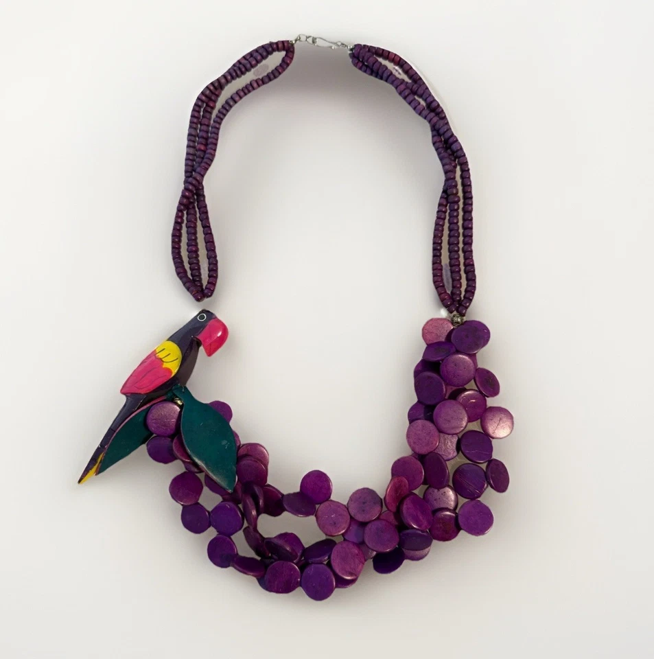 Vintage Purple Beaded Necklace Hand-Carved Wooden Parrot Pendant Tropical Boho - Image 1 of 4