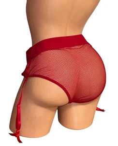 OH LA LA CHERI Red Fishnet Shiny Satin Panel Nylon Garter Panties Women’s L/XL - Picture 1 of 13
