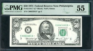US FEDERAL RESERVE NOTE 1974 $50 FR# 2118-C* NEFF-SIMON PMG 55 AU A142 - Picture 1 of 2