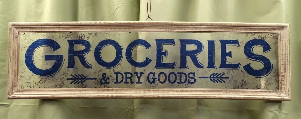 Sign Groceries Dry Goods Reverse Painted on Glass Wood Frame Distressed - Image 1 of 4