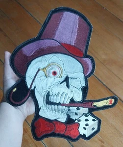 Large Smokin Death Skull Monocle Motorcycle Jacket Biker Back Patch ~ VINTAGE - Picture 1 of 9