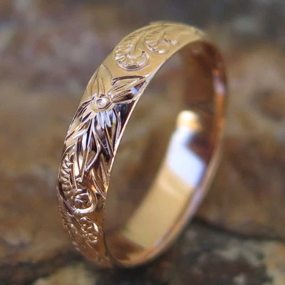 Hawaiian Pink Gold Plated Scroll Flower Jewelry Wedding Ring Band 4mm SR1139 - Image 1 of 4