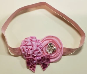 Cute!!!! Pink Baby Girl Elastic Headband Flower Hair Bow W/rhinestone. - Picture 1 of 2