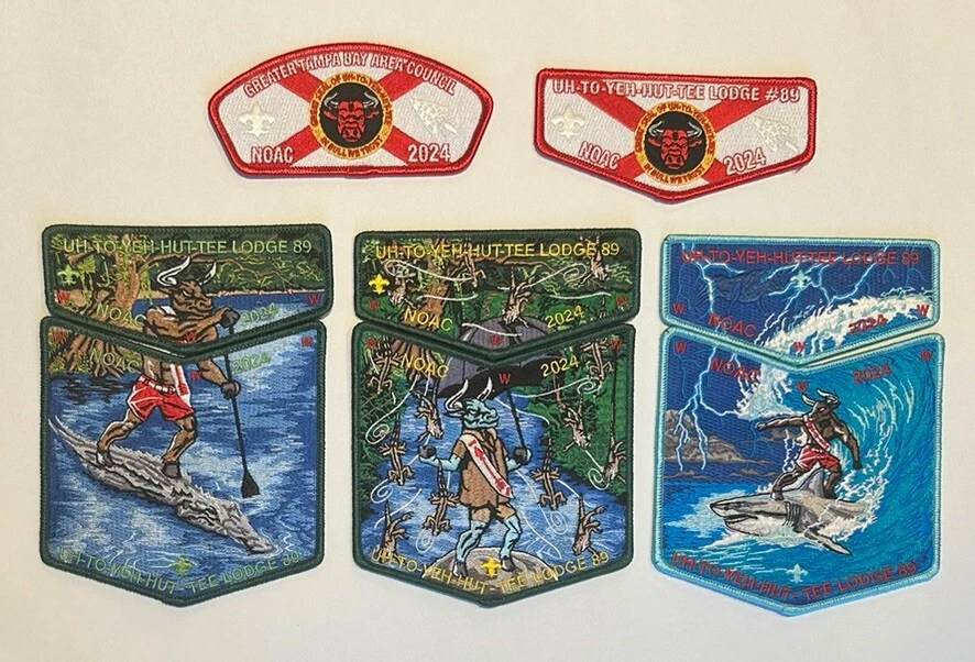 NOAC 2024 OA BSA PATCHES UH-TO-YEH-HUT-TEE LODGE 'FLORIDA MAN' SET W/ DELEGATES - Image 1 of 2