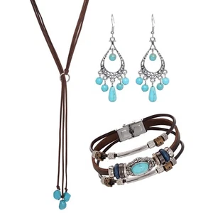 Bohemian Turquoise Jewelry Set for Women, Vintage Turquoise Necklace Earrings... - Picture 1 of 6