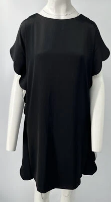 Escada Black Satin Short Sleeve Scalloped Edge Shift Dress sz 34 NWT - Image 1 of 4