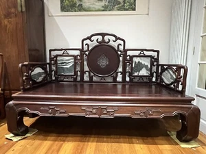 Vintage Chinese Style Rosewood Opium Daybed Luohan Bed With Dream Stones - Picture 1 of 20