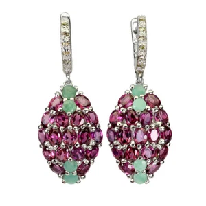 Orecchini In Argento Sterling 925 Ovali Con Gemme Di Granato, Smeraldo E Zaffiro - Foto 1 di 13