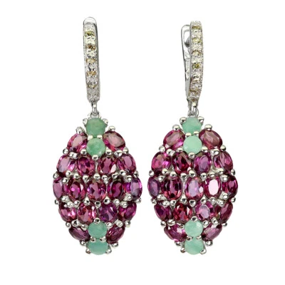 Orecchini In Argento Sterling 925 Ovali Con Gemme Di Granato, Smeraldo E Zaffiro - Immagine 1 di 4