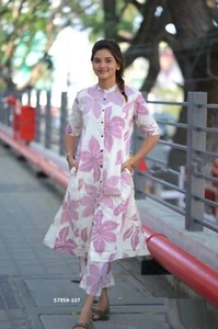 Indian Stitched Printed Co-ord Set Rayon Dress White Top Pants for Women - Imagen 1 de 3
