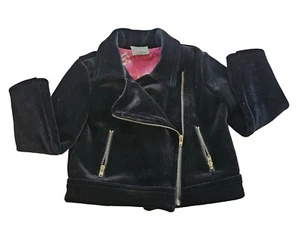 Genuine Kids Oshkosh Girls Velvet Black Zip Up Collared Moto Coat Jacket T4 - Picture 1 of 3