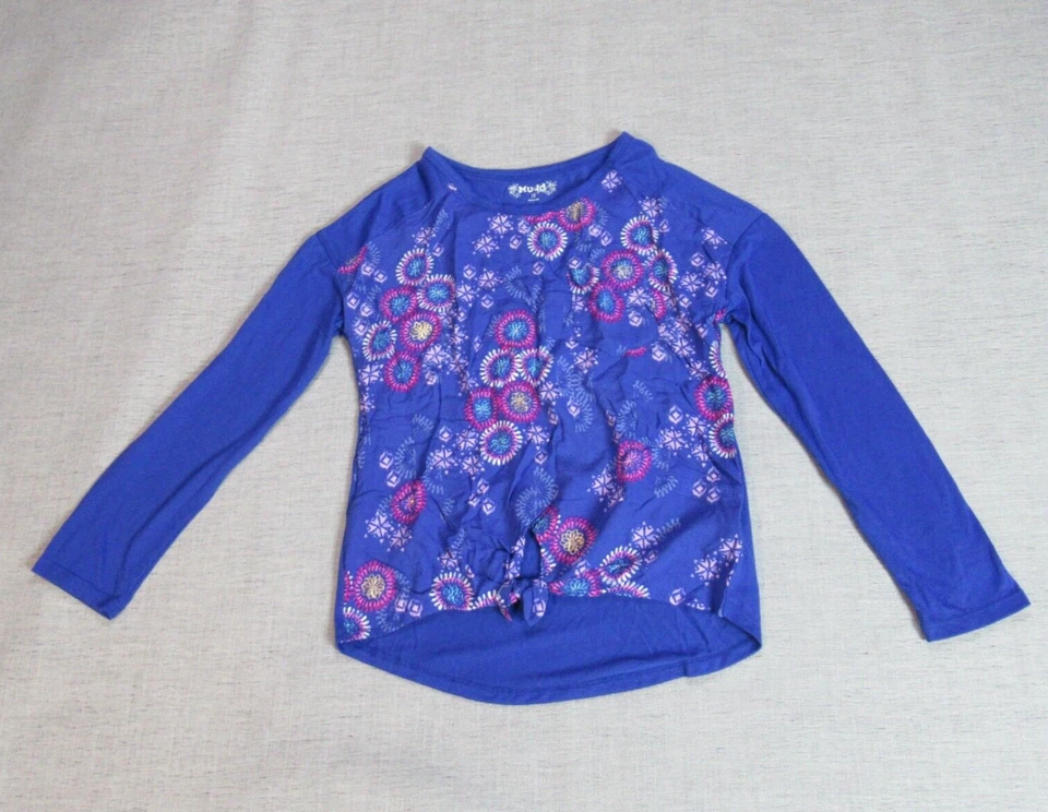 Camiseta Mudd Top Niñas 10 Azul Violeta Manga Larga Geométrica Cuello Redondo Nudo Frontal Foto 1 de 4