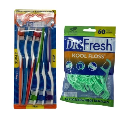 Pacote com 6 escovas de dentes firmes e fio dental Dr. Fresh novas - Imagem 1 de 3