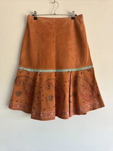 Rebel By Rino & Pelle Skirt Size 10 Orange Paisley 100% Suede Metal Rivets - Picture 1 of 22