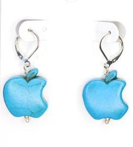 Blue Apple Fruit Charm Earrings Silver Plated Brass Leverback Earrings 1 1/2" - Picture 1 of 3
