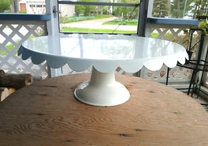 Vintage White Metal Cake Stand 12 x 5.5"- "Distressed" Style Scalloped Edge Boho - Picture 1 of 6