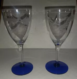Louis Weston Etched Liquor Cocktail Glasses Crystal Cobalt Blue Foot 5 3/4 T 2pc - Picture 1 of 5