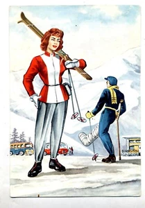 Elegant Skiing Girl & Boy with Fracturing Leg PC Circa 1940 Italy - Picture 1 of 1