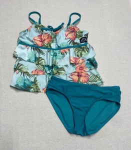 Girls Justice Swimsuit Lg 12/14 Teal Floral 2 pc Layered Tankini Ruffles Bikini - Picture 1 of 13