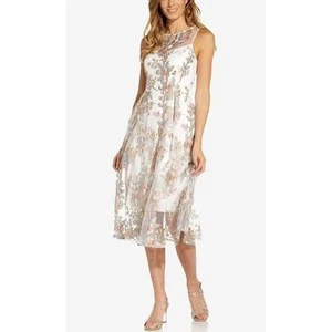 Adrianna Papell Illusion White Floral Embroidered Sheer Overlay Midi Dress US 14 - Picture 1 of 13