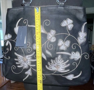 VTG BERGE BLACK Leather Shoulder Bag Hobo Purse Embroidered Floral ITALY NICE - Picture 1 of 11