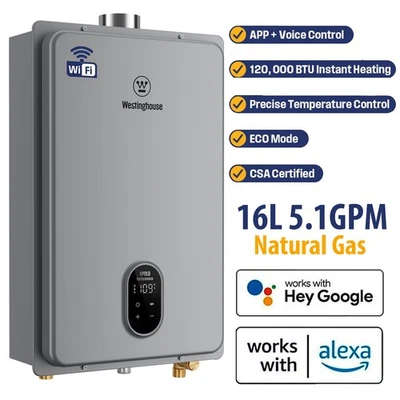 Calentador de agua interior sin tanque Westinghouse 16L 5,1 GPM gas natural aplicación inteligente Alexa Foto 1 de 4