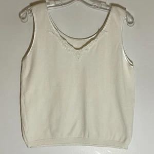 Camiseta sin mangas Dana Scott vintage para mujer mediana crema encaje adornada cuello en V informal M - Imagen 1 de 12