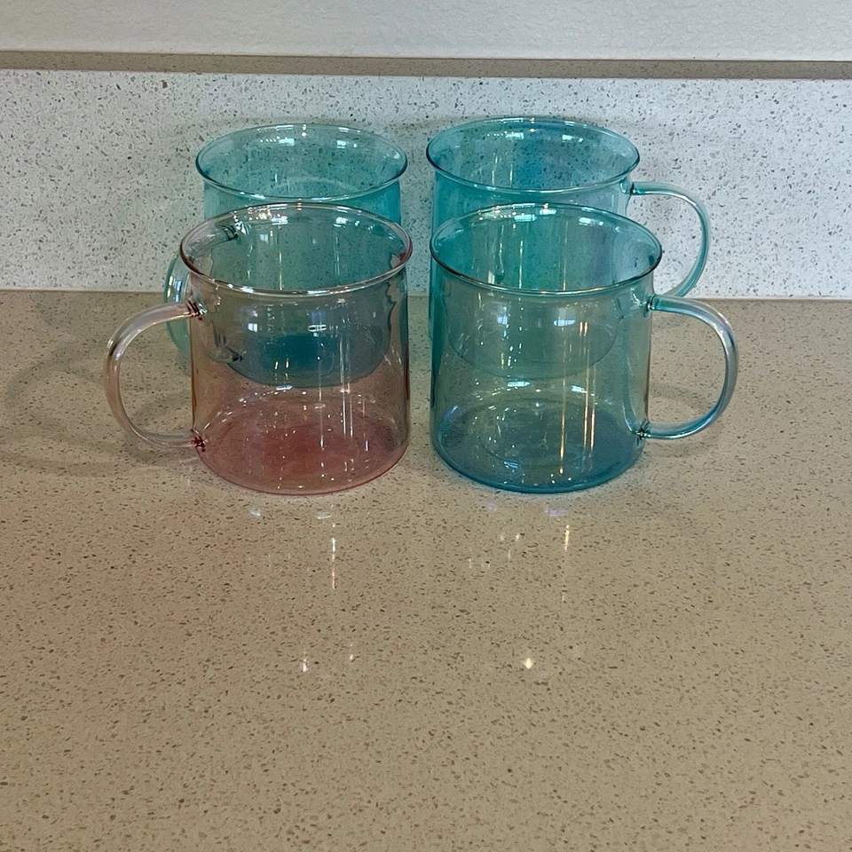 Set Of 4 Iridescent Coffee Mugs, Opalescent Camping Mugs, 3 Blue, 1 Pink, New - Image 1 of 3
