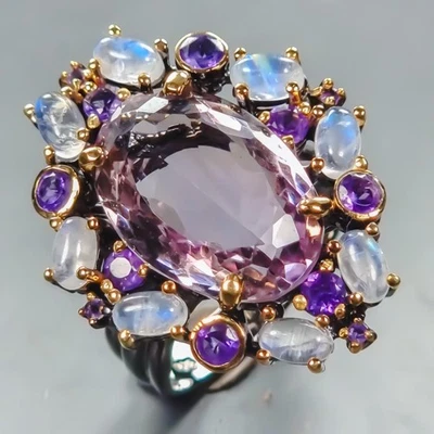 Anillo hecho a mano de 12 quilates + ametrino natural de plata de ley 925 talla 8/R441091 Foto 1 de 4