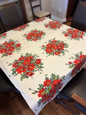 Vintage Silk Screened Tablecloth 54” X 66” Red Roses. - Image 1 of 4