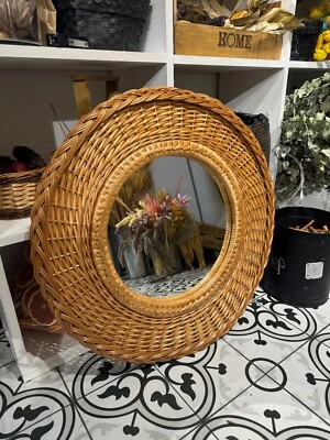 vintage style wicker round mirror wall boho rattan mirror bathroom wall decor - Image 1 of 4