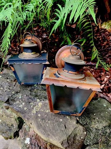 2 Mid-Century Carriage Copper Brass Porch Lights/Sconces, Frosted Glass, Salvage Cover