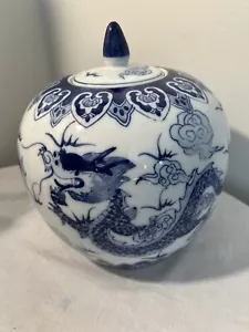 Chinesischer Ming Stil Vintage blau weißer Drache Porzellan Deckel Ingwer Tempel Glas - Bild 1 von 7