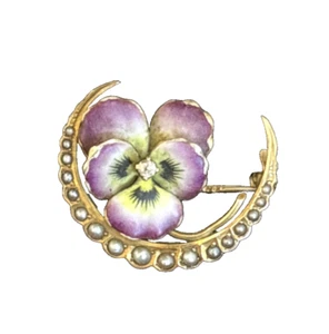 Antique Edwardian Art  Purple Pansy Brooch 14 K Gold Diamond Natural Pearls - Picture 1 of 7