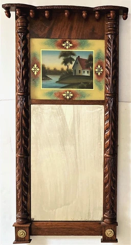 RESTORED ca.1830 FEDERAL MIRROR, ORIGINAL CARVED HALF-COLUMNS, REVERSE PAINTING Cover